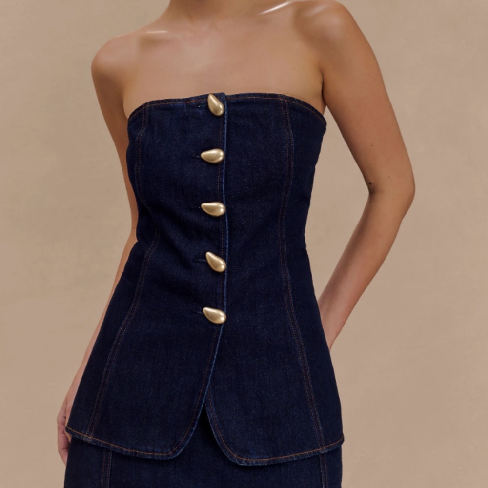 Meshki Strapless Long Line Button Top - Indigo Blue